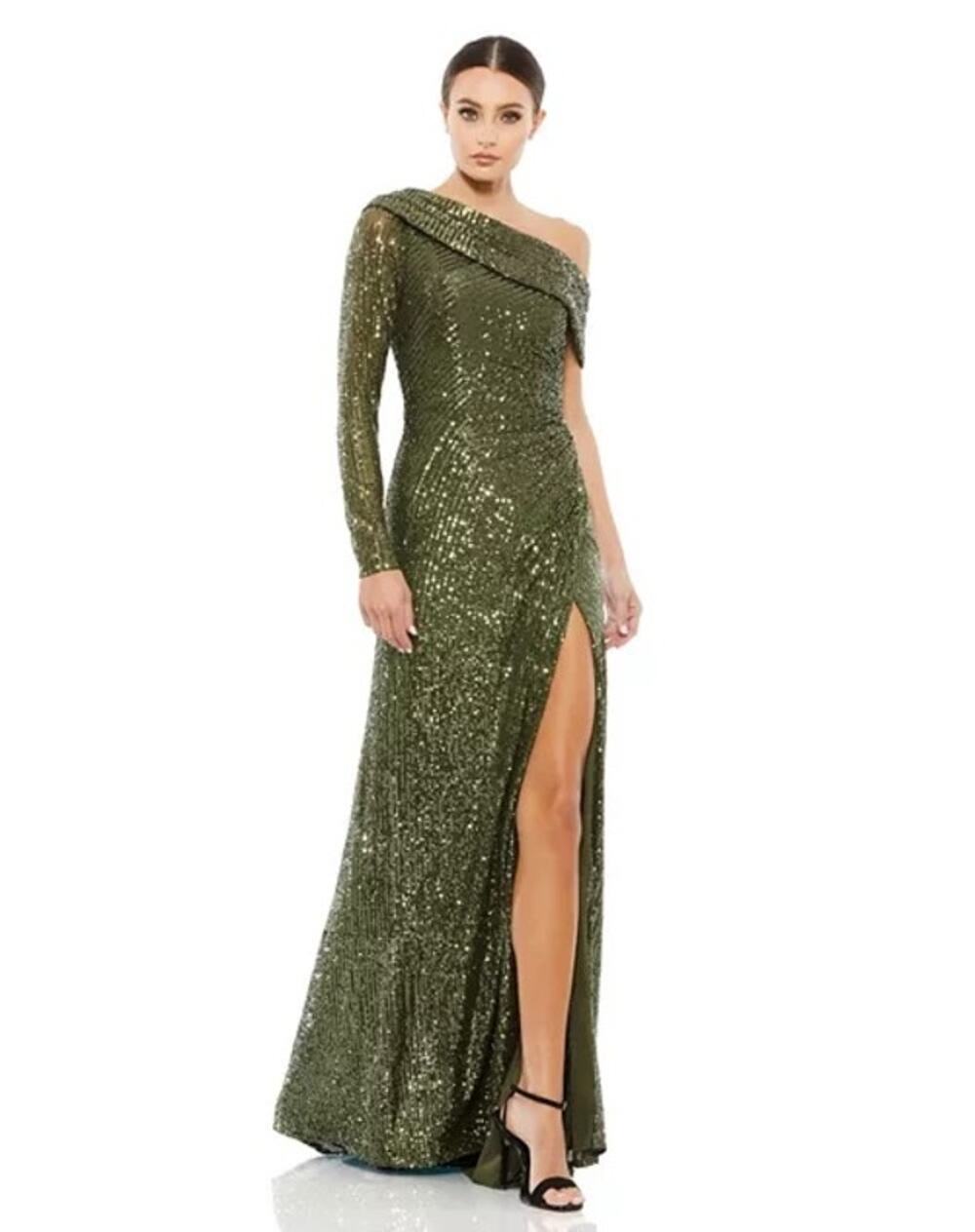 Mac Duggal Olive Green Sequined Drop Shoulder Faux Wrap Evening Gown Size 10